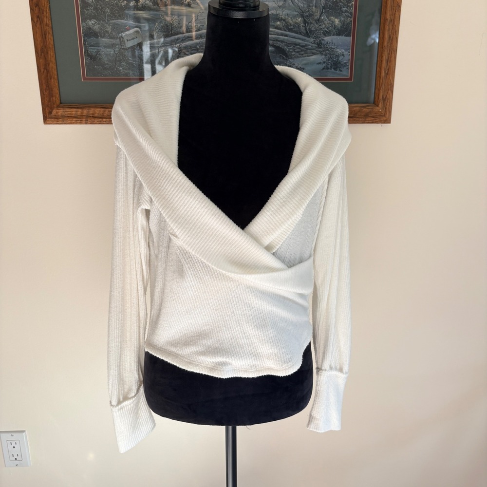 We The Free People Wrap Top Womens Small White Ribbed Surplice Long Sleeve Knit